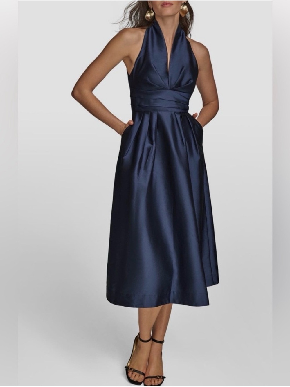 Donna Karan SLEEVELESS V-NECK TAFFETA MIDI COCKTAIL DRESS